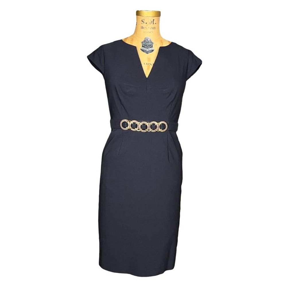 Adrianna Papell Blue Dress V Neck Gold Wood Belt